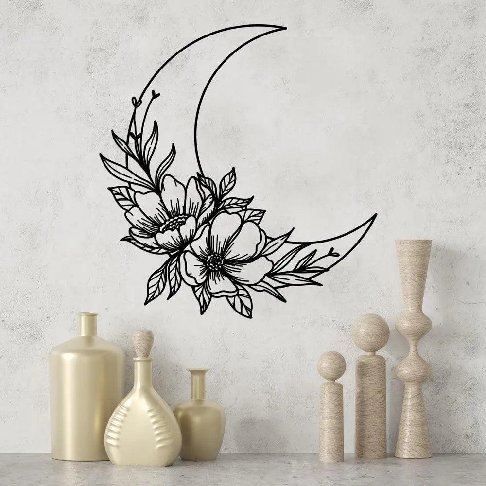 DÉCORATION MURALE LINE ART LUNE ET FLEURS - NOIR - Wantit