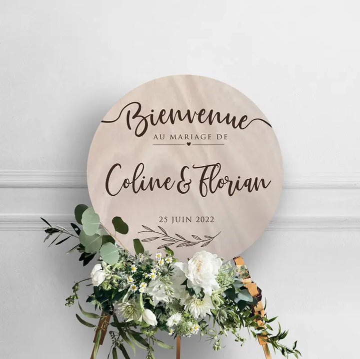 pancarte bienvenue ronde décoration mariage bois montpellier motif végétal