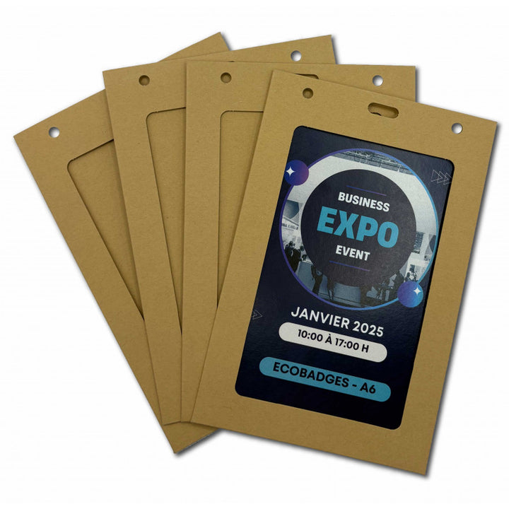 Porte-badge carton kraft recyclable, porté sur cordon, exemple d'accréditation événementielle